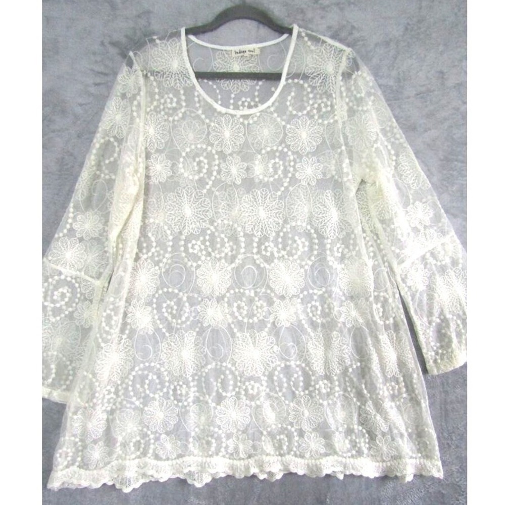 Indigo Soul Sheer White Lace Floral Blouse Boho Romantic Festival Top Fairy